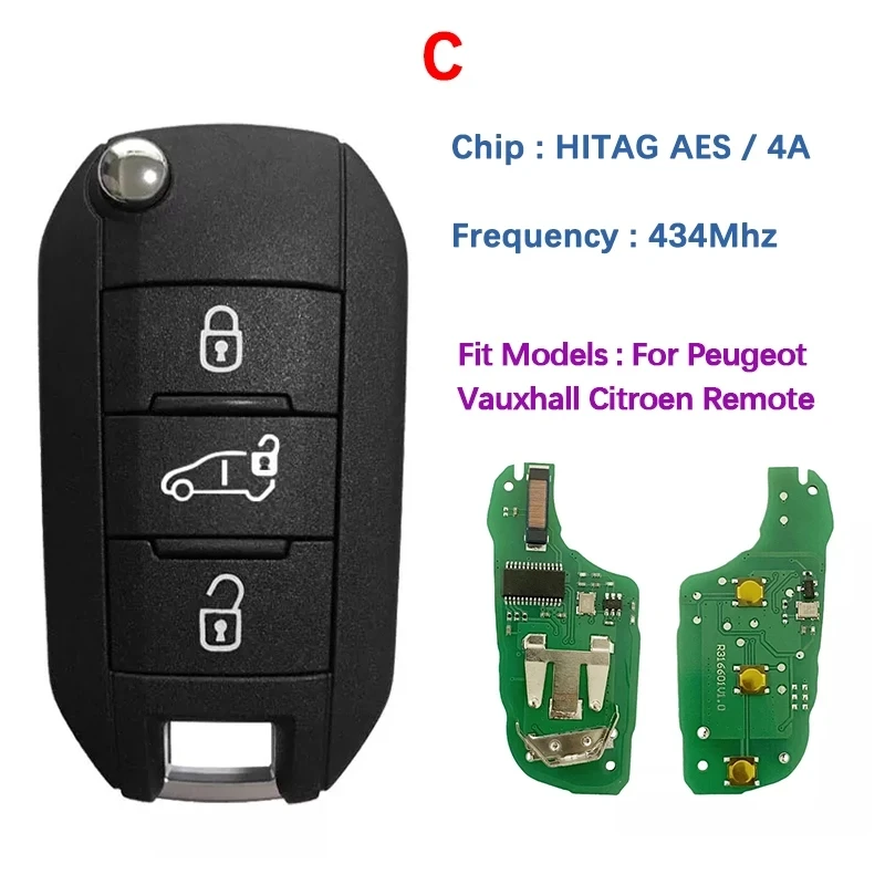 Ключ-раскладушка CN009052 для Peugeot 4A Chip 3008 Expert 2017-2019 Citroen HUF8435 433 МГц дистанционное управление 3 кнопки смарт-ключ для багажникакнопки освещения (art.: 3920bf2b5eea3) - 3920bf2b5eea3