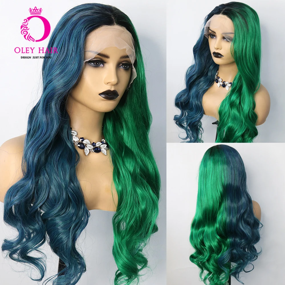Ombre Green Color Synthetiic Loose Wave 13x4 Lace Front Wig Heat Resistant Drag Queen Cosplay Wigs For Black Women Pre Plucked