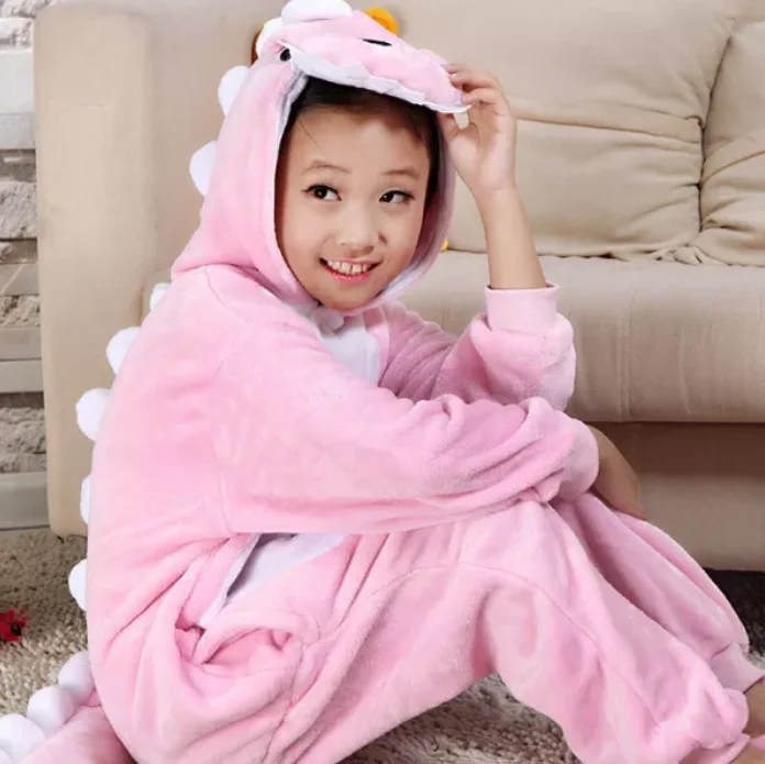Family Kigurumi Pajamas Pink Dinosaur Animal Onesie Cosplay Costume Pajamas For Kids and Adults With Slippers
