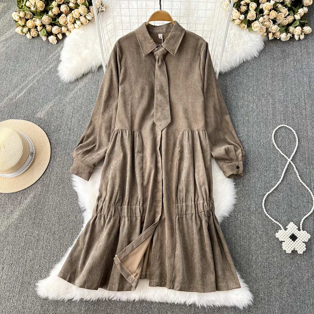 

Clothland Women Retro Corduroy Shirt Dress Bow Tie Scarf Collar Long Sleeve Vintage Female Casual Midi Dresses Vestido QB438