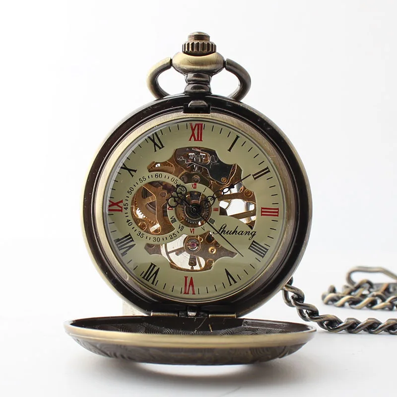 Bronze Retro Pocket Watches For Men Roman Numerals Case Mechanical Pockets Watch Collection Souvenir Gift relogio masculino