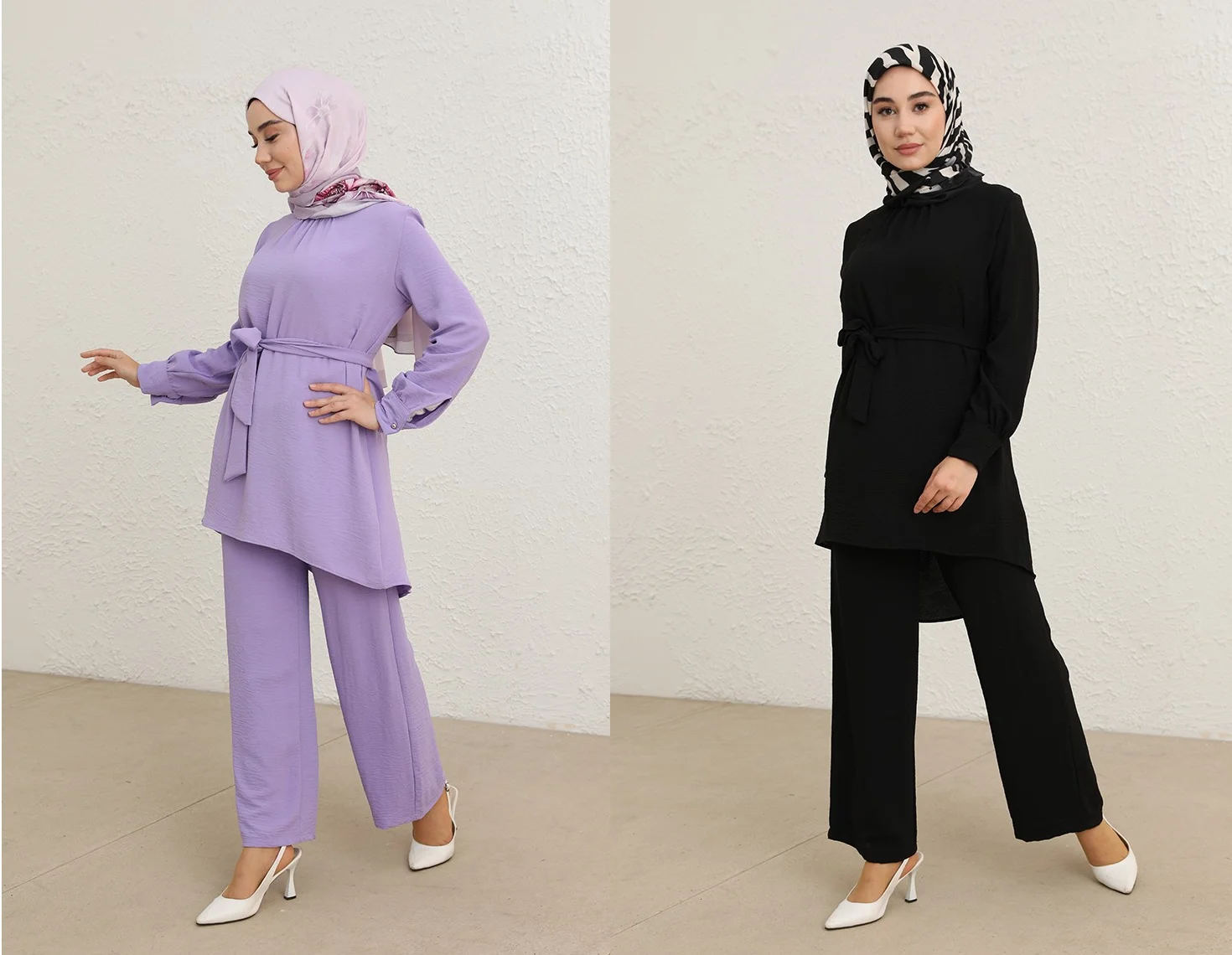 

4 seasons Muslim female plain simple crew neckline long sleeve unlined button belt tunic tire waist pants twinset casual islamic