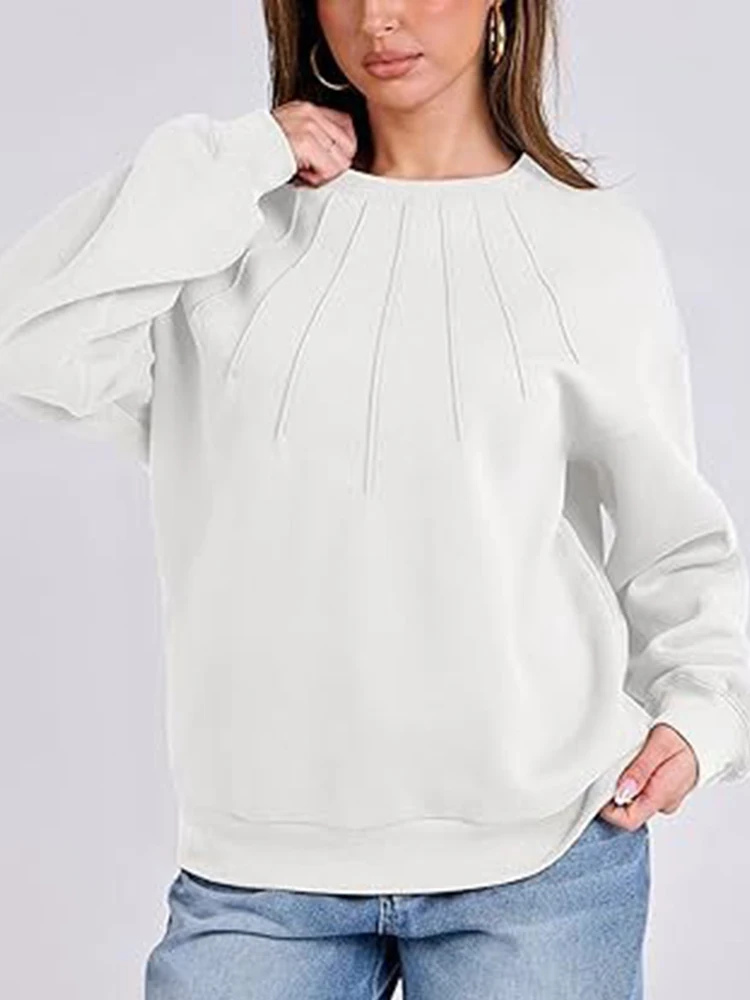 Блузка женская плиссированная однотонная с длинным рукавом и круглым вырезом