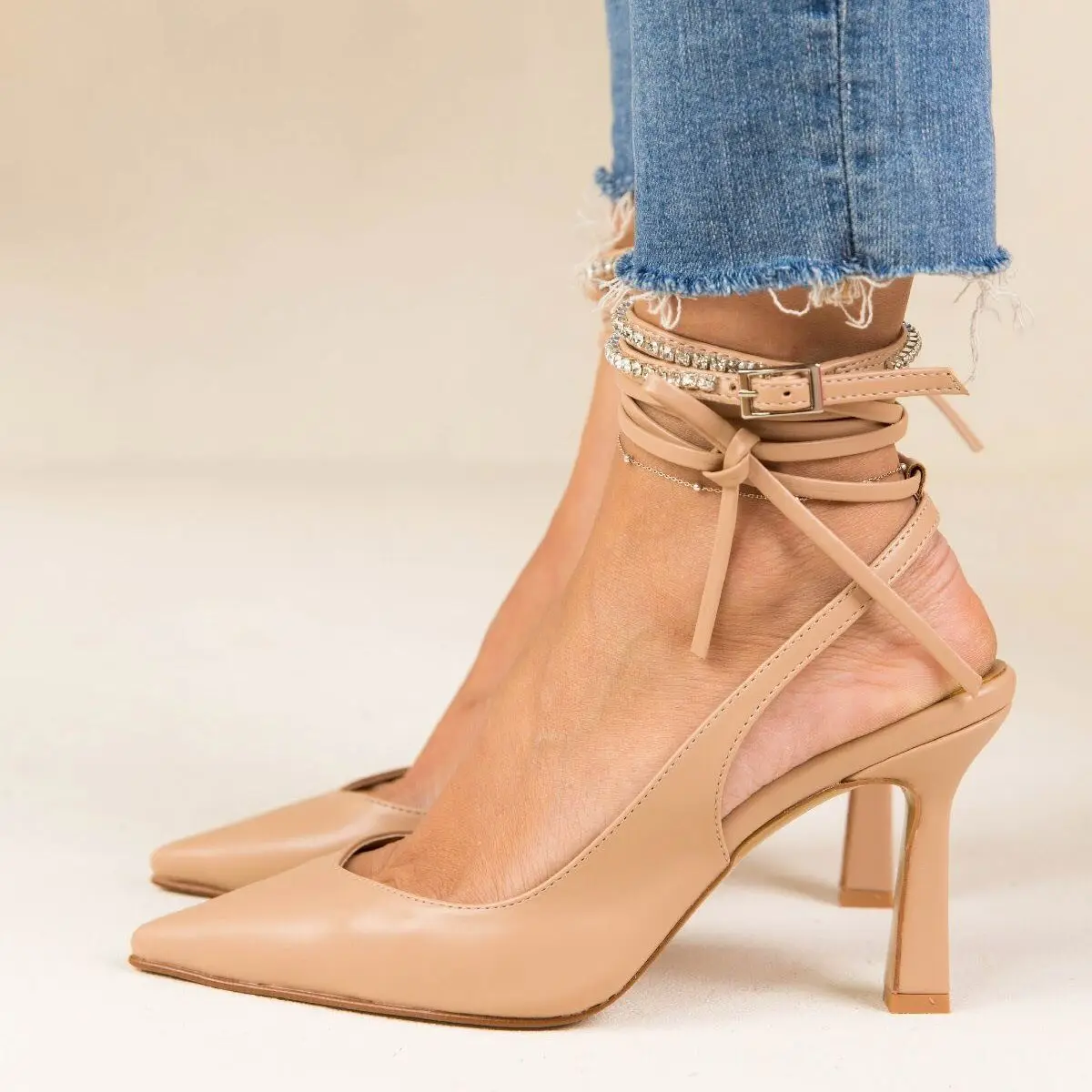 

Valeria Inner Genuine Leather Outer Quality Faux Leather Ankle Laced Stone Detailed Thin Heel Women's Sandals Pink Powder Nude B