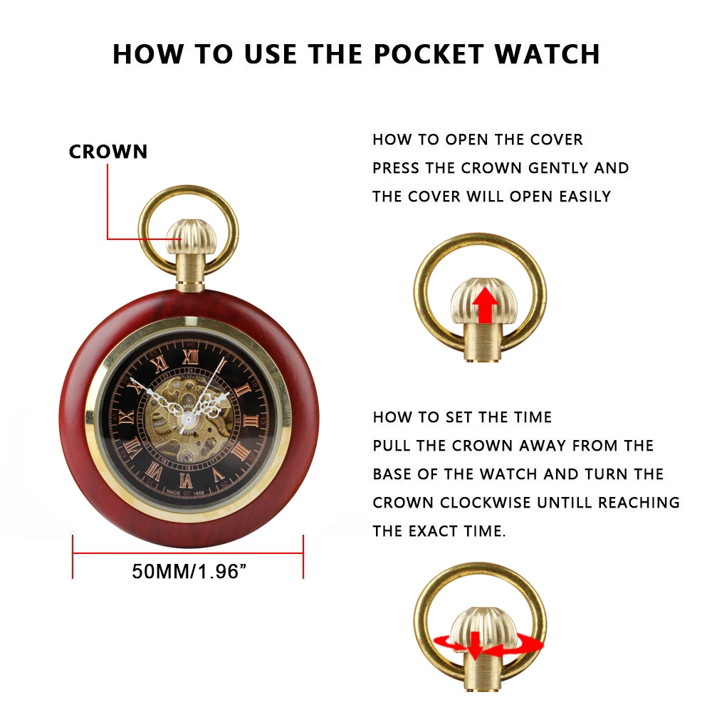 Vintage Red All Wood Mechanical Pocket Watch Antique Steampunk Necklace Mens Hand Wind Fob Watch