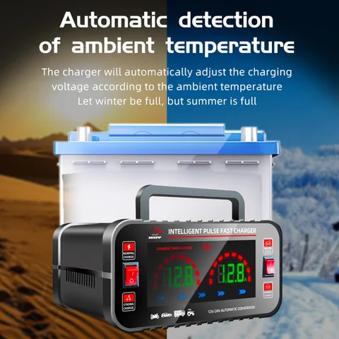 12V/24V Smart Pulse Repair AGM ГЕЛЕВОЕ влажное свинцово-кислотное зарядное устройство Smart Motorcycle Battery Charger ЖК-цифровой дисплей с большим экраном 10/5A