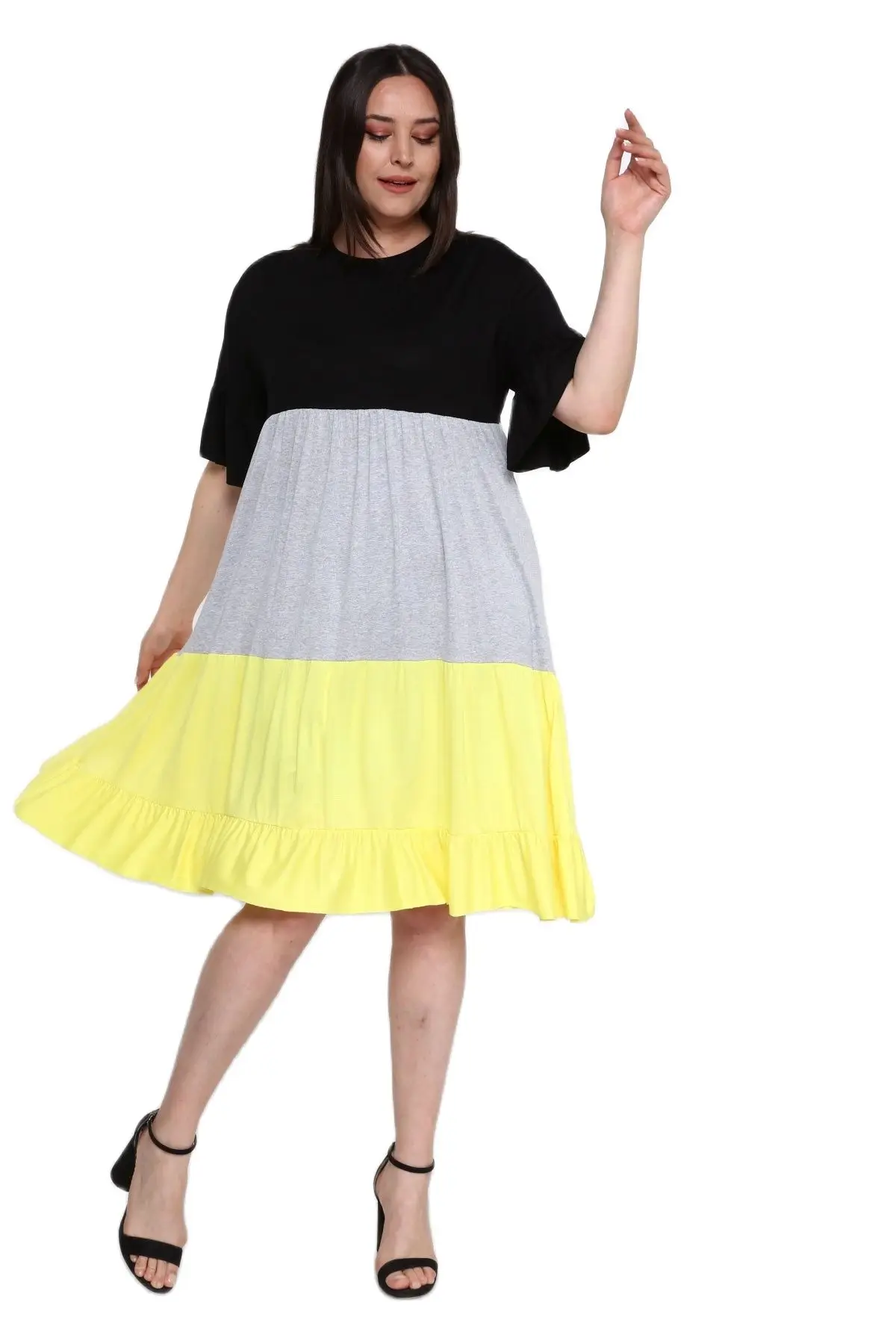 Women’s Plus Size Dress Colorful Patchwork Ruffle Detail, Designed and Made in Turkey, New Arrival