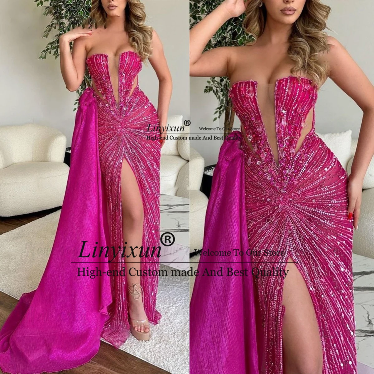

Женское вечернее платье-русалка, эксклюзивное ярко-розовое платье с боковым хвостом, официальное платье для выпускного вечера, платье с разрезом спереди, 2023