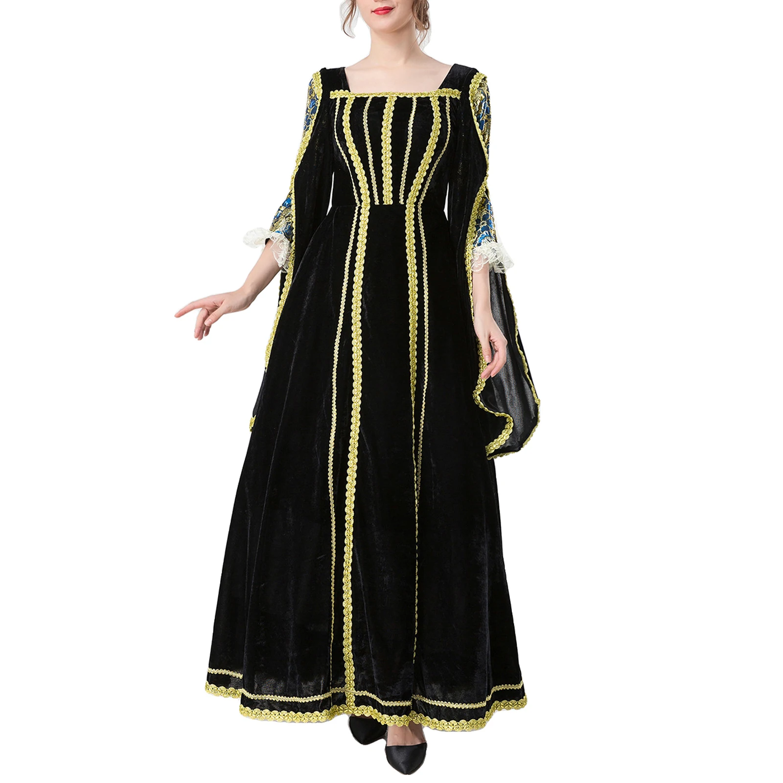 

Floor-length Medieval Queen Dress Lace Bell Sleeve Ball Gown French Court Vintage Mid-century Black Maxi Dress