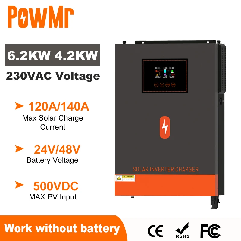 

PowMr 6.2KW 4.2KW Hybrid Solar Inverter 24V 48V 230V On Grid Pure Sine Wave Inverter Max PV Input 500vdc with MPPT 120A Charger