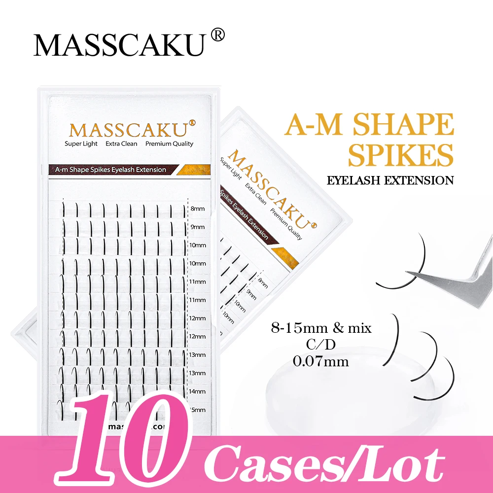 10case/lot MASSCAKU Premium Mink Fluffy Fairy Lashes Extension A Shape Natural Soft Premade Russian Volume Spike Eyelash