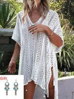 hollow out lace up tassel slit cover up crochet sexy sleeveless beach dress backless maxi dress beachwear gift pair of earring