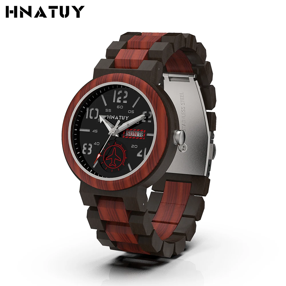 

HNATUY Quartz Watch Men Wood Luxuri Brand Quartz Wristwatches Male Clock Valentine Gift and Box Casual Wooden Fashion Watches