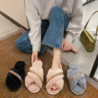 2022 wholesale autumn and winter new rhinestone cross hair slippers womens leisure cotton open toe plush flat slide slippers