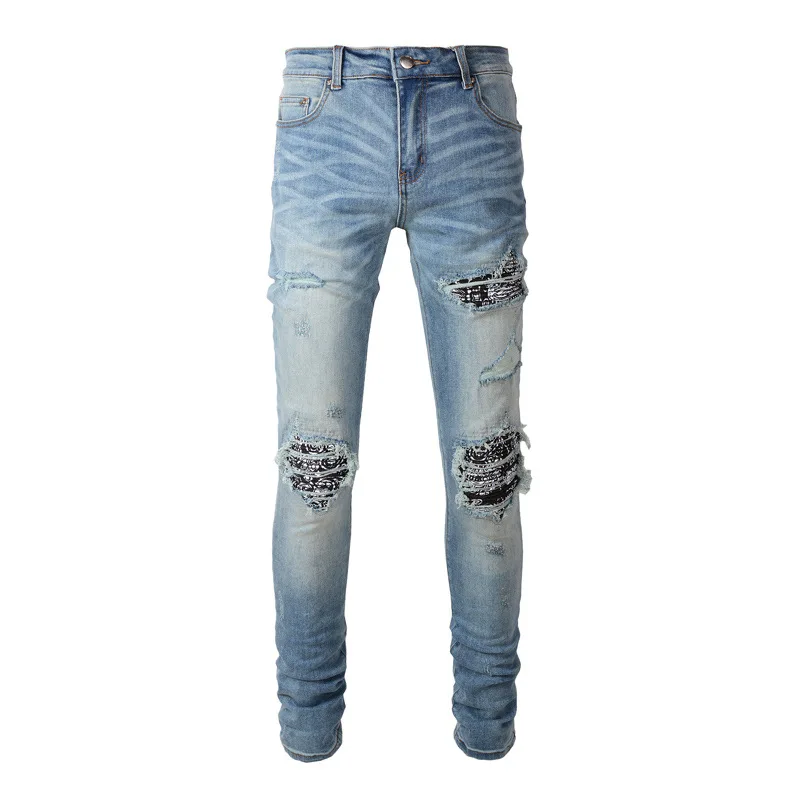 Tide Brand New Men'S Washed Slim Feet With Holes Cashew Flower Patch Light Blue Casual All-Match Denim Pencil Jeans For Men