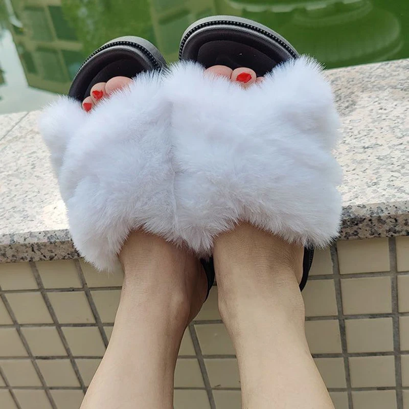

Women Fashion Warm Fluffy Slippers Cozy Faux Fur Cross Indoor Floor Slides Flat Soft Furry Ladies Female Celebrities Flip Flops