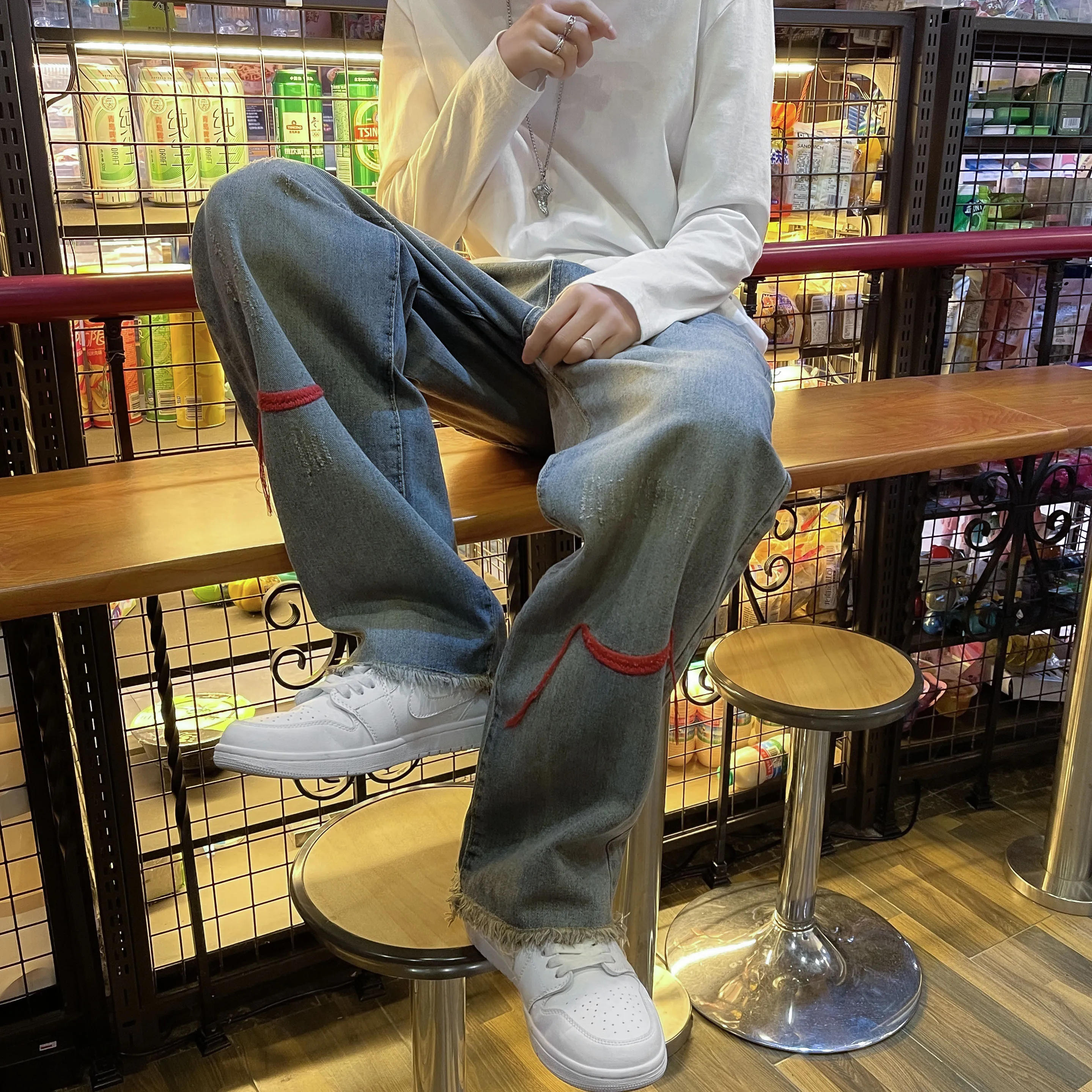 Four Seasons Y2K Men Fashion Grey Street Embroidery Loose Jeans Straight Hip Hop Pants Male Clothes