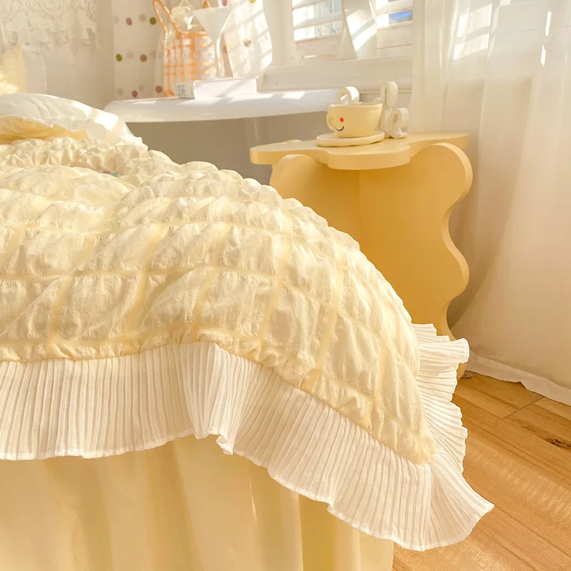 Kawaii принцесса Seersucker Комплект постельного белья для девушек из мытого хлопка в