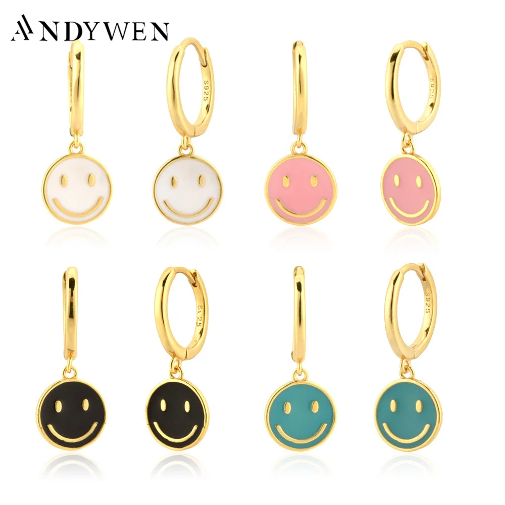 

ANDYWEN 925 Sterling Silver Gold White Pink Enamel Smile Drop Earring Black Clips Pendiente Spring Summer Jewelry For Women Gift