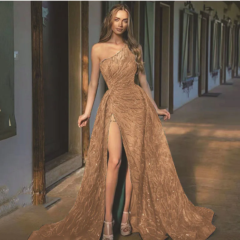 Spring And Summer New Beauties Dress Diagonal Shoulder Split Long Dress Toast Dress Sequin Sling Evening Dress