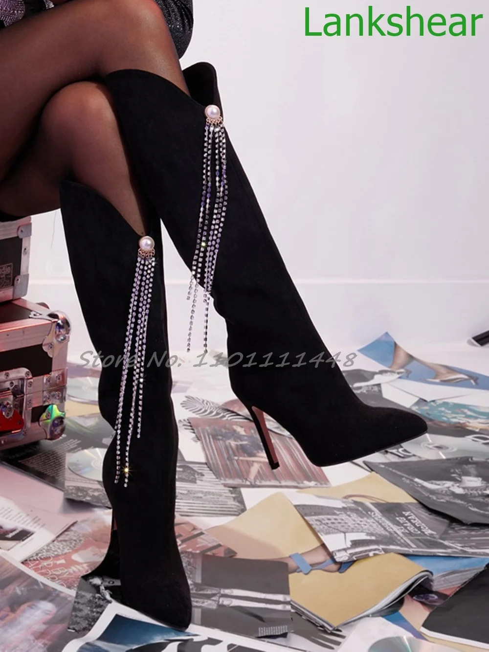 

Rhinestone Chain Boots Black Pointy Toe Pearl Thin High Heels Slip On Knee High Boots Fashion Suede Women Shoes Autumn Winter