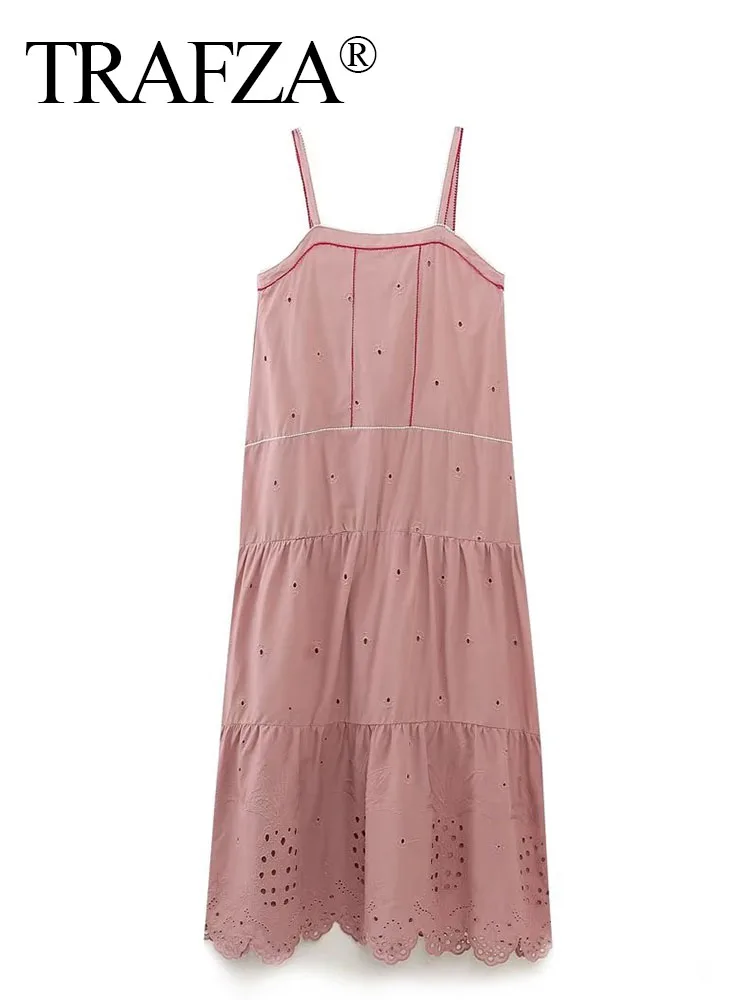 

TRAFZA Fashion Elegant Women's Sleeveless Sling Dress Pink Sexy Strapless Hollowed Out Commuter Wind Women's Casual Dress Woman