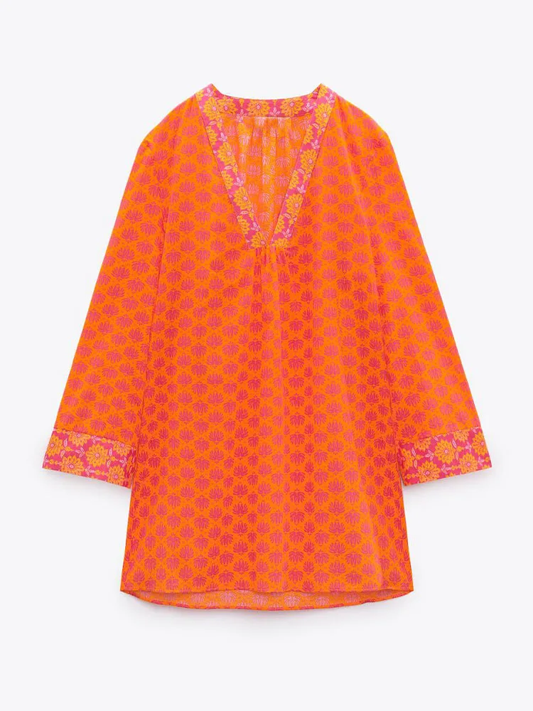 

Zach AiIsa summer new women's ethnic style retro print short version all-match V-neck long-sleeved loose casual dress