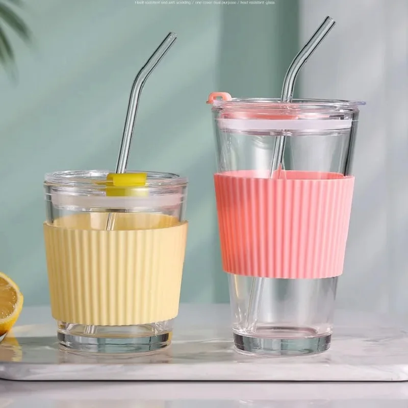 

Glass Straw Cup With Insulation Cover Simple 450ml Portable Coffee Milk Tea Juice Reusable Glass Cup With Cover Office Home