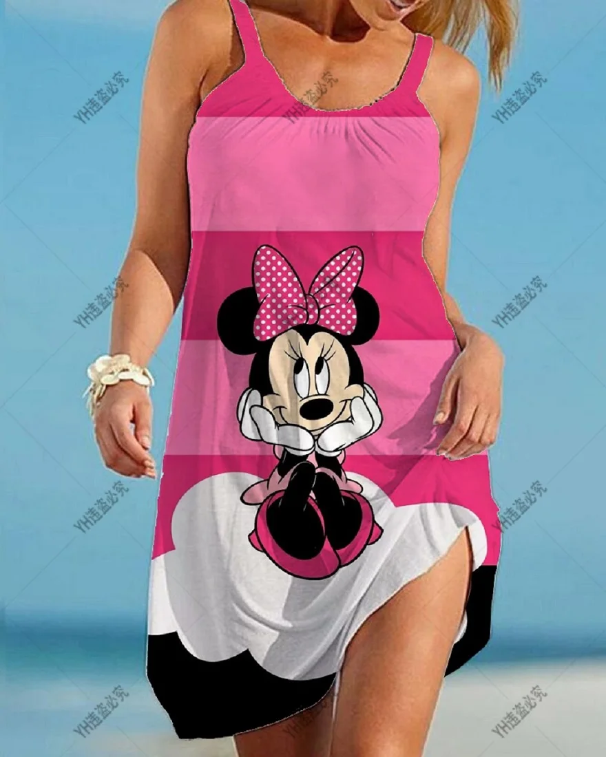 

2023 Summer Mickey Minnie Women's Fashion Suspenders Printed Dress Disney Women's Sexy Loose Seaside Beach Casual Beach Dress