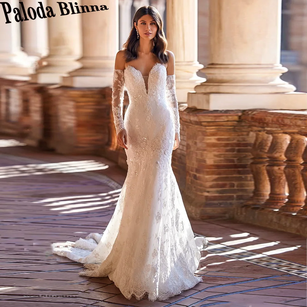 

Paloda Exquisite Button Appliques Wedding Dresses For Bride Trumpet Detachable Full Sleeves Cathedral Train Backless V-Neck