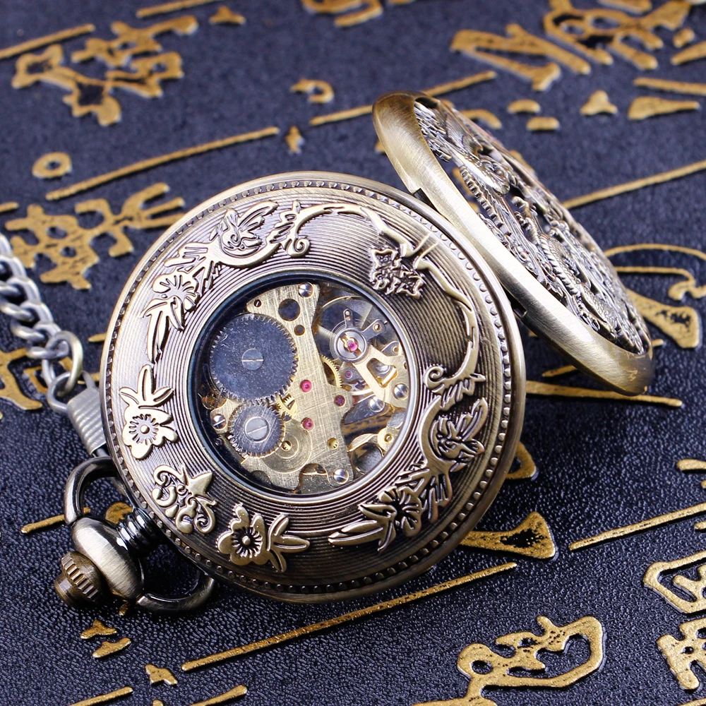 Vintage Chinese Style Dragon Phoenix Chengxiang Mechanical Pocket Watch Men Ladies Necklace Antique Skeleton Pendant with Chain
