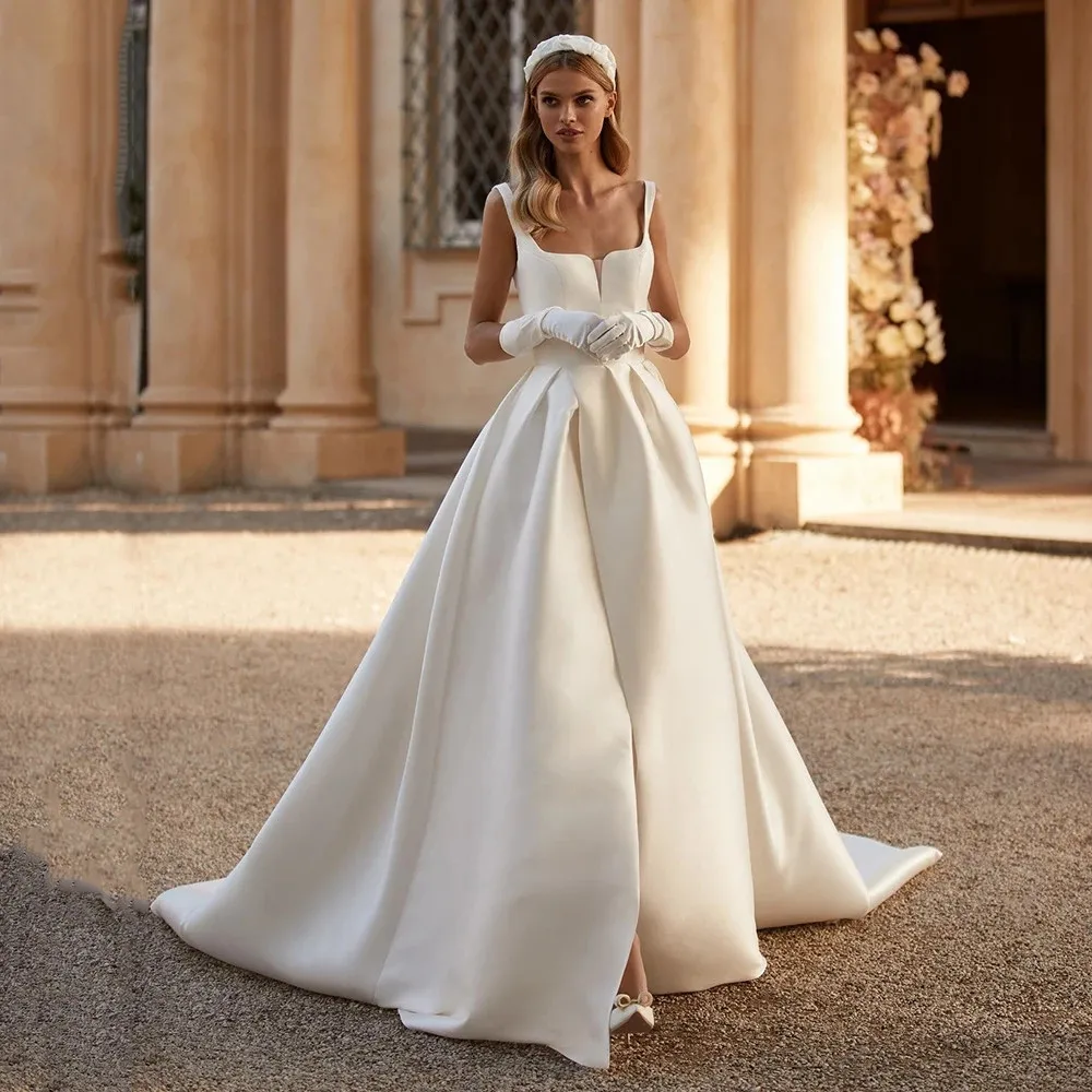 

Vintage wd177 Satin Wedding Dresses Square Collar A-Line Bridal Gowns Side Slit Sleeveless Princess Bride Dress Custom Size