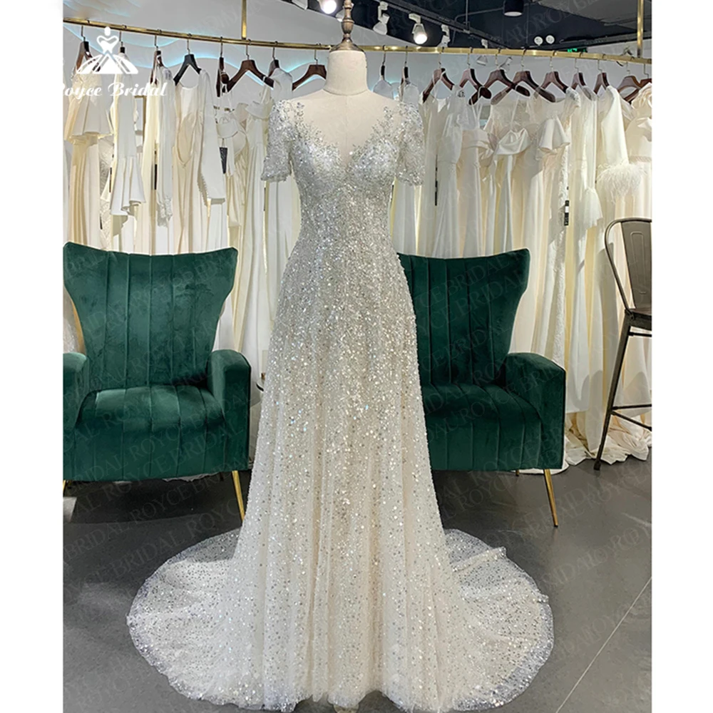 

Delicate Voile Wedding Dresses 2023 Beading Crystal A Line Short Sleeve Court Train Lace Beach Bride Dress Vestido De Noiva