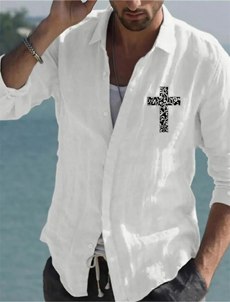 

Men's Shirts Cross Graphic Lapel White Black Print Outdoor Street Long Sleeve Button Designer Casual Plus Size Summer Spring