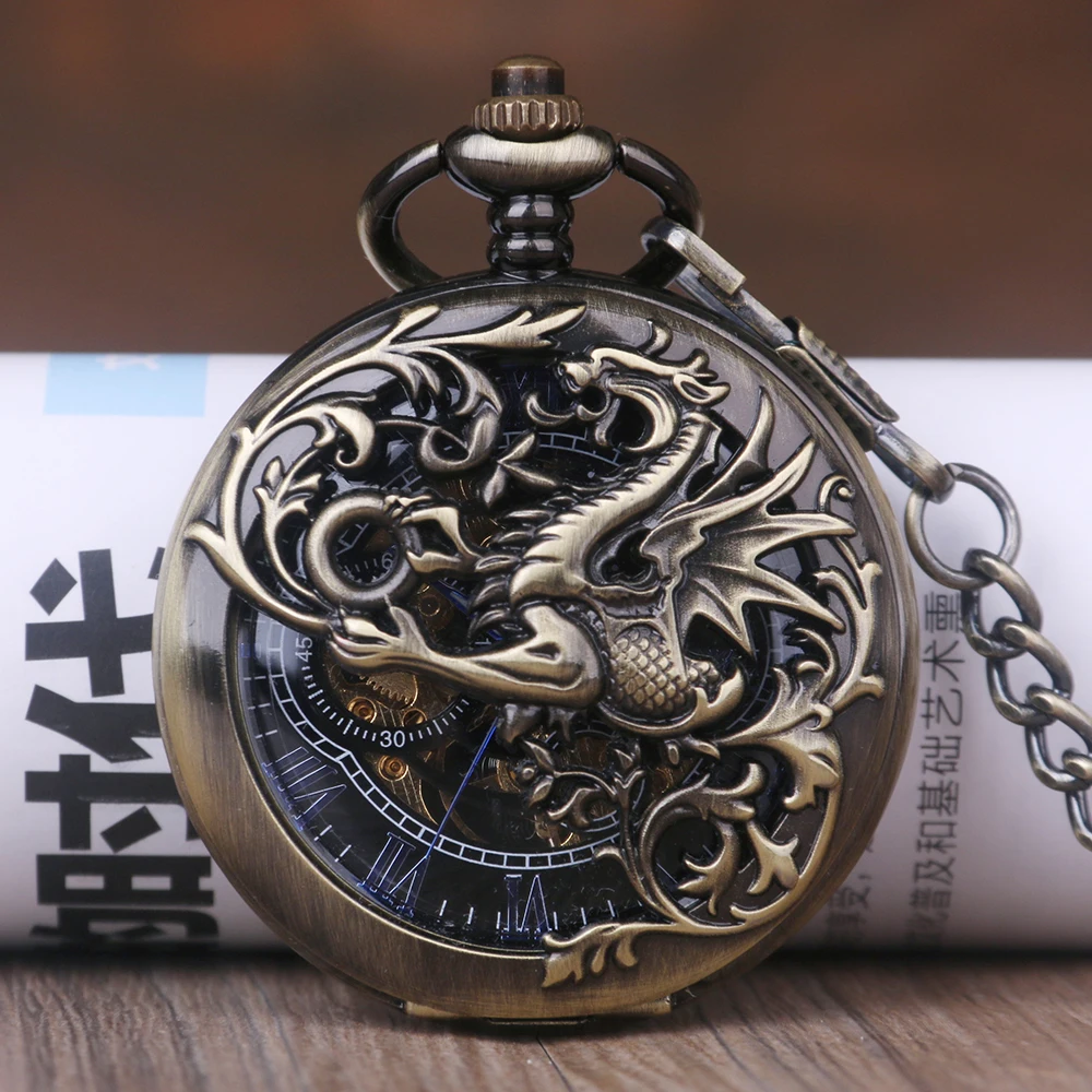 Bronze Vintage Mechanical Pocket Watches Retro Dragon Hollow Roman Numerals Necklace Pendant Gifts For Women Or Man