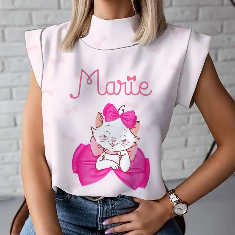 

2023 summer new Disney Mary cat half-high collar short-sleeved bottoming shirt temperament bag shoulder top
