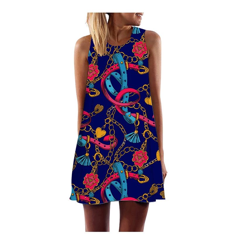 Женский сарафан без рукавов с круглым вырезом летнее свободное платье в стиле