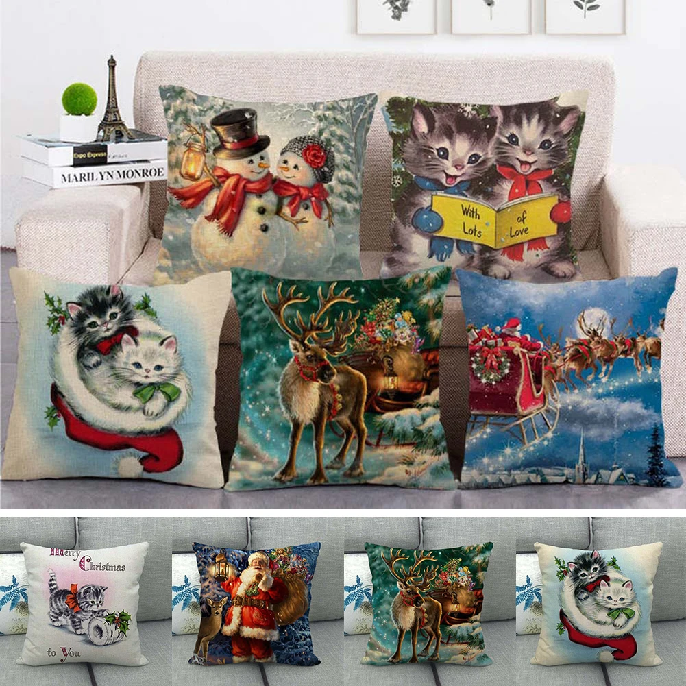 

Pillow Case Cotton Linen Christmas Cushion Cover Xmas Home Sofa Cover Decor Luxury Cushion Cover Soft Pillowcase 45cmX45cm