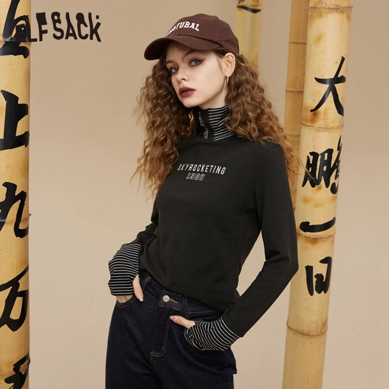

ELFSACK Black and Brown Long Sleeve Half Turtleneck Women 2022 Autumn Basic Daily Tops
