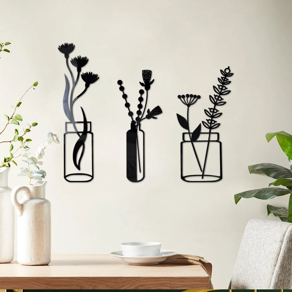

Shining Kitchen Door Window Sticker Mirror Acrylic Black Flower Wall Stickers 3d Wallpaper Revovable Flexible Home Decor Picture