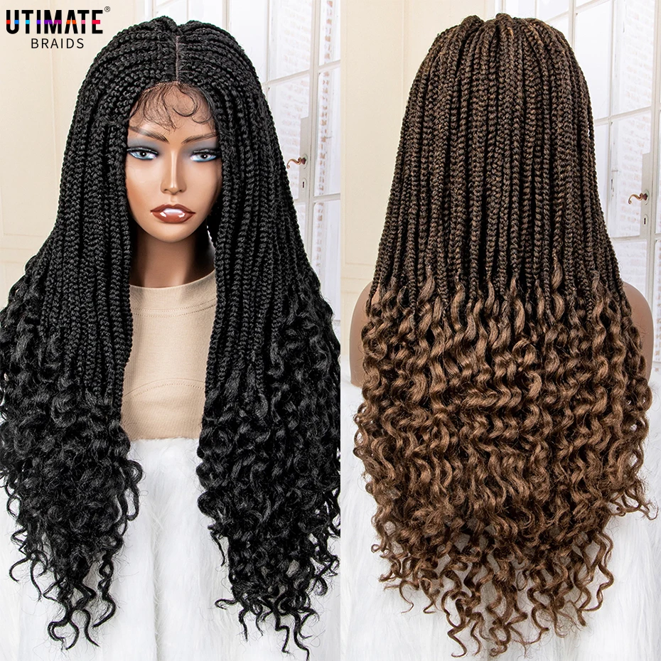 Curly Ends Box Braided Wigs Synthetic 4x4 Lace Frontal Heat Resistant Knotless Braiding Hair Wig with Baby Hair for Black Women