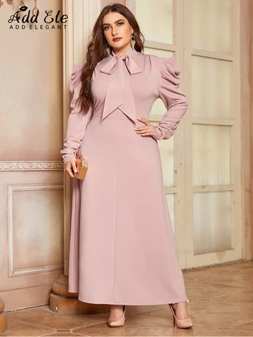 Женское платье с длинным рукавом и бантом, элегантное розовое ТРАПЕЦИЕВИДНОЕ ПЛАТЬЕ до щиколотки, модель B091 на осень, 2022