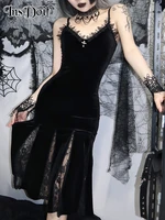 insdoit gothic black backless summer dress women streetwear lace patchwork split sleeveless dress elegant party club sexy dress