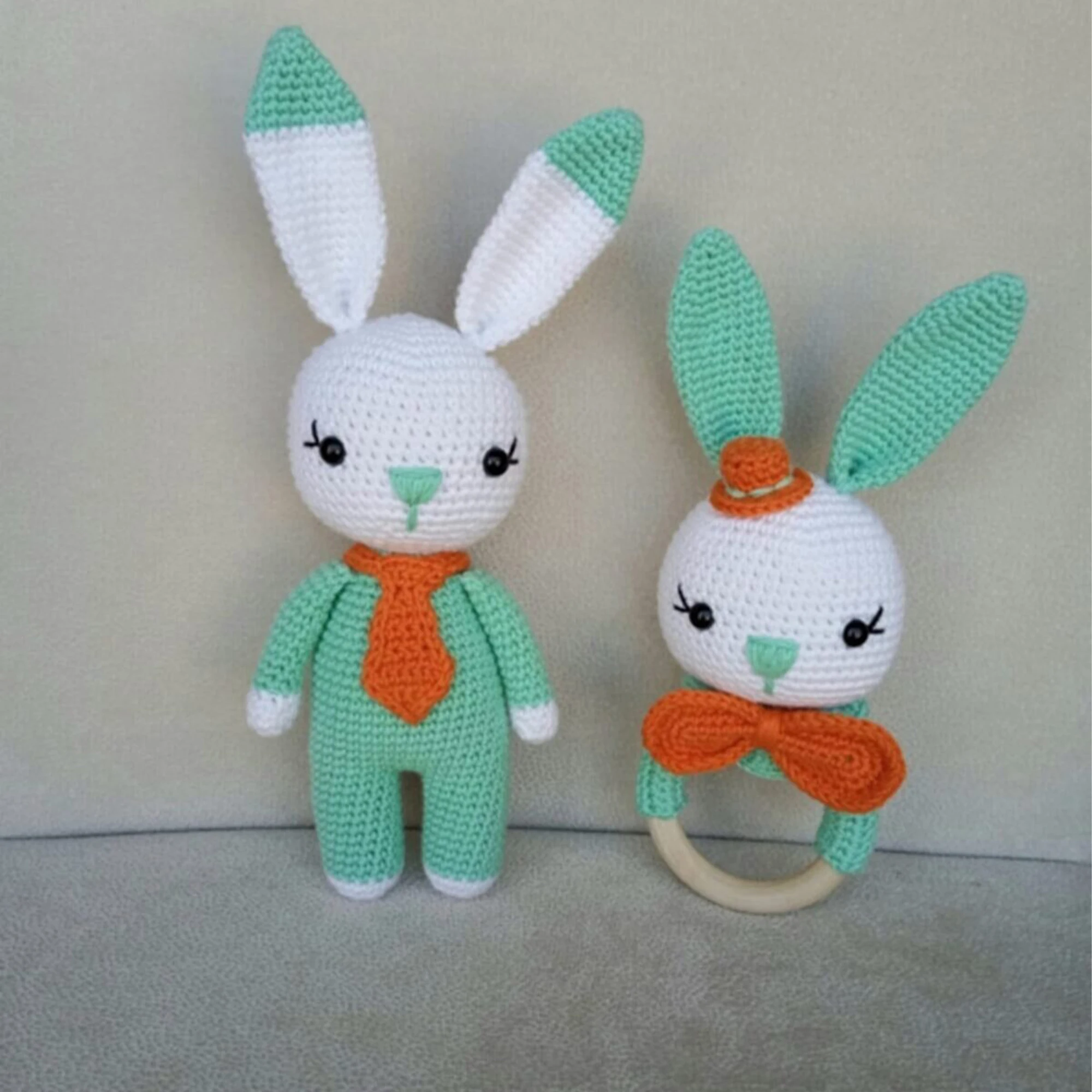 

Amigurumi Mint Rabbit Set Organic Knitting Toy Handmade Baby Doll Toys For Sale Sleeping Companion Sweet Dolly