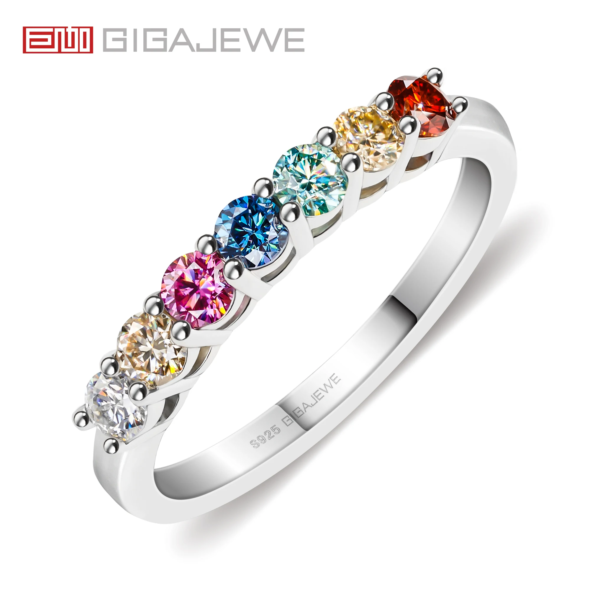 Фото GIGAJEWE Moissanite 0.7ct 3,0 мм Радуга VVS1 круглая огранка 925 серебро полукруг ряд кольцо алмаз тест прошел женщина девушка подарок №1