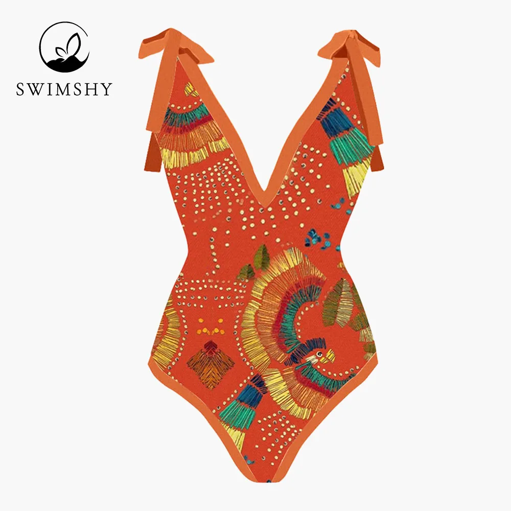 2022 Deep-v One Piece Swimsuit Set Vintage Chic Print Bikinis Women's Bathing Suit Beach Outfits Slim Swimwear Backless Holidays