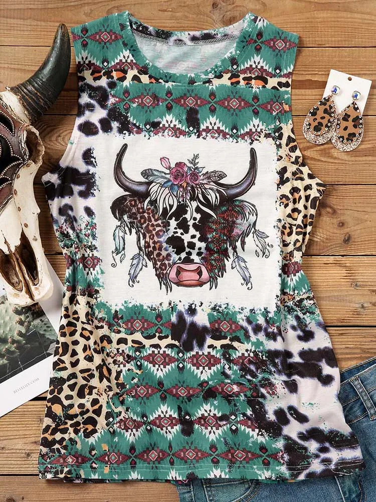 

Women Aztec Geometric Tank Top Leopard Highland Cattle Floral Feather Cow Sleeveless Shirt Cowgirl Retro Western Ethnic Vest