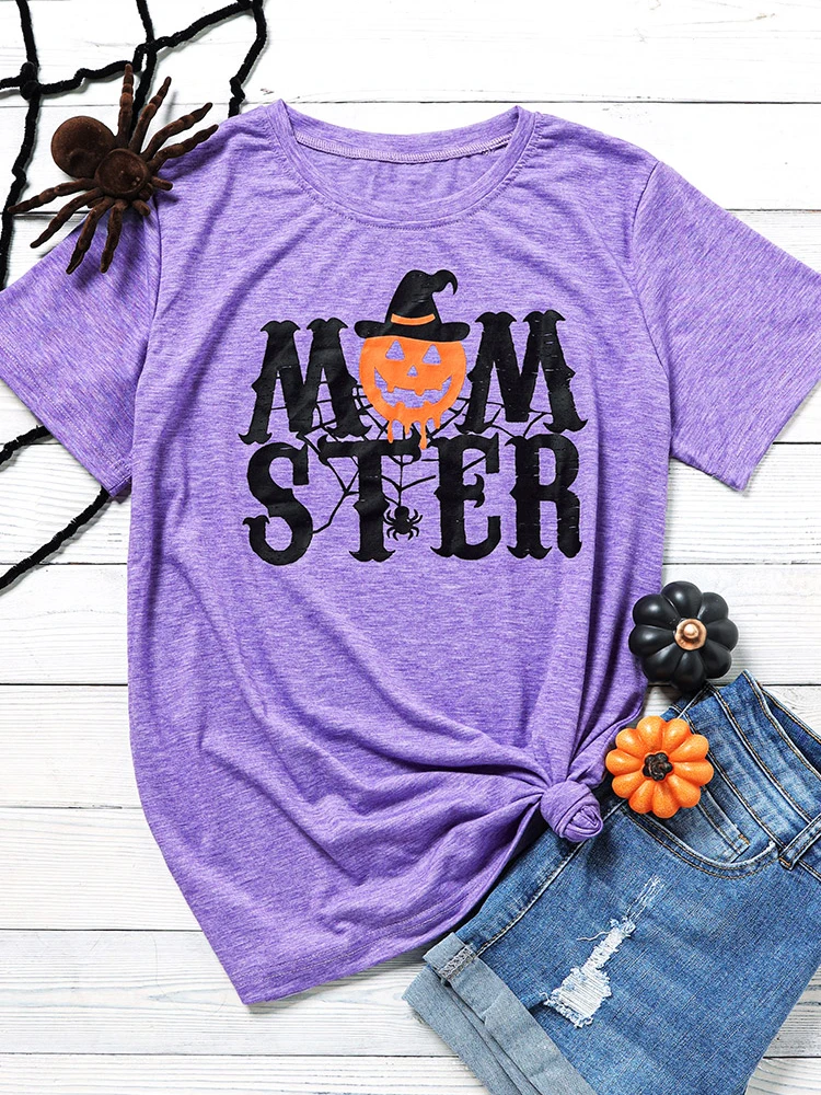 

T Shirt Women Mom Ster Pumpkin Face Spider Sarcastic Basic Funny T-Shirts Summer Short Sleeve Letter Printed Graphic Tee Tops