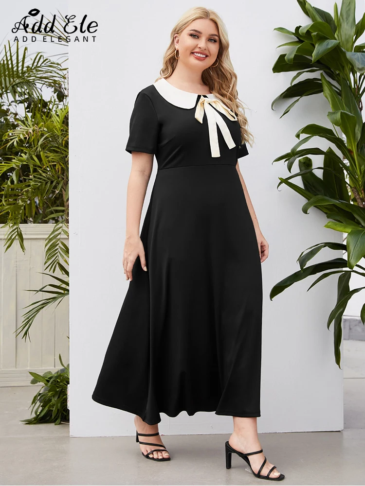 Add Elegant Summer 2022 Plus Size Women's Dresses Doll Collar Solid Bow Tie Short Sleeve Woman Sweet Slim A-LINE Midi Dress B159