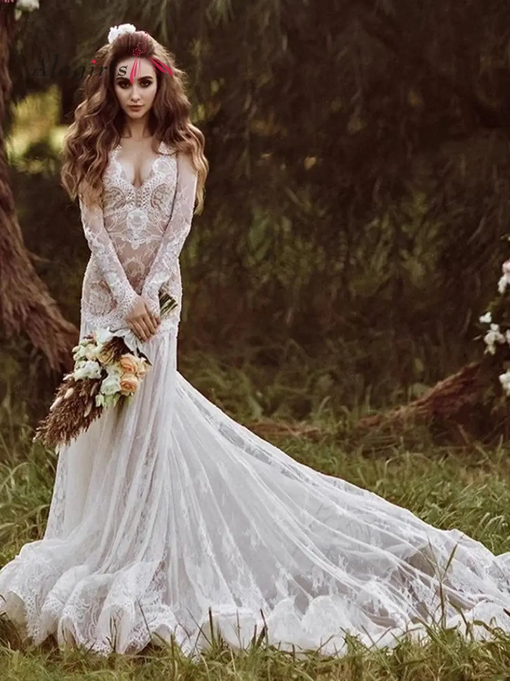 

2022 Sexy V-Neck Boho Lace Civil Wedding Dress Long Sleeves Mermaid Open Back Beach Bridal Gown Celebrity Dresses Custom Made